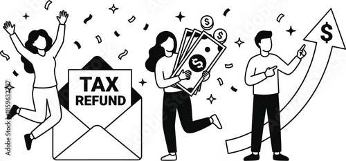 Tax refund celebration with happy diverse people