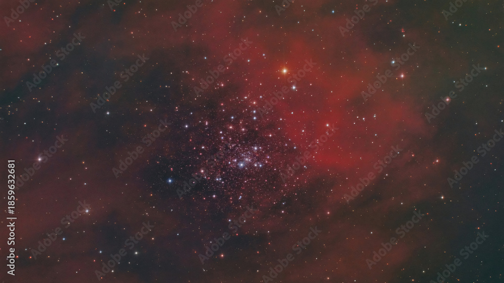 Fototapeta premium Stunning cosmic nebula with a dense star cluster and vibrant red gas clouds in deep space