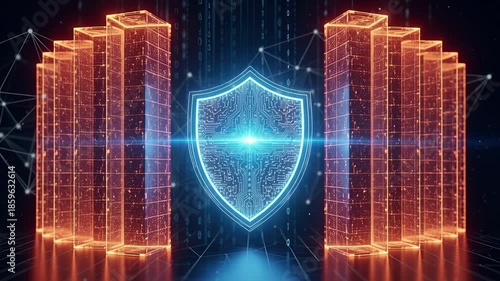 Glowing Digital Shield Protects Data Servers in Futuristic Network