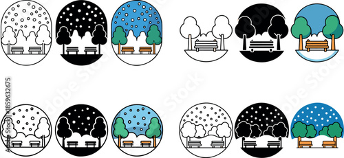 Set of park scenes with trees and benches in various weather conditions