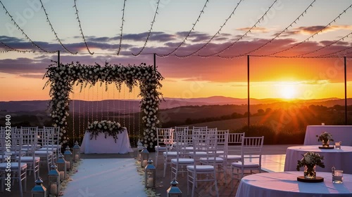 Outdoor Wedding Ceremony Setup at Sunset with Floral Arch