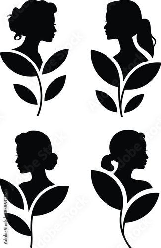 Elegant silhouette portraits of women adorned with stylized leaves