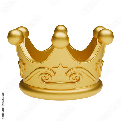 Golden 3D crown with patterns and stars on gray background, symbol of power and success, luxury accessory for web design, minimalist interface element for gamification and VIP premium status.