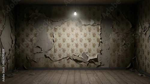 Abandoned Room with Peeling Wallpaper and Single Light Bulb