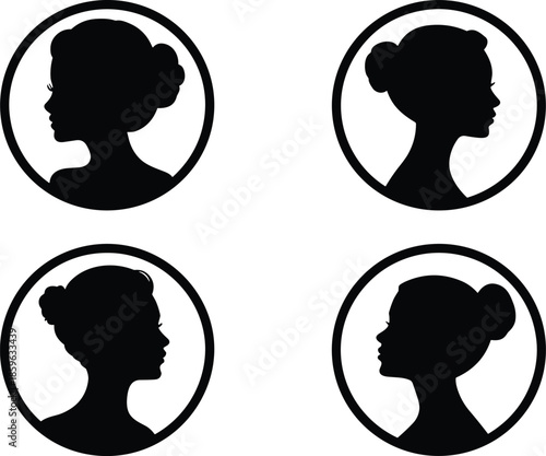 Four circular silhouettes of women s profiles with updo hairstyles