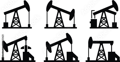 Oil Pumpjack Icon Set Vector Illustration on White Background