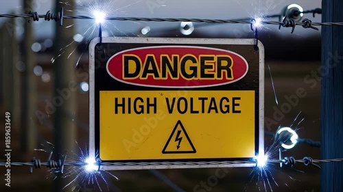 Danger High Voltage Sign on Electric Fence with Sparks