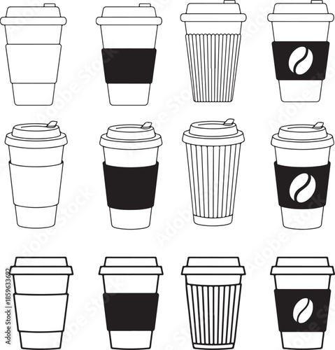 Coffee cup vector icon. Paper coffee cup icon isolated on white background. Coffee icons. Linear coffee cup icons. Various cups of coffee. Vector illustration