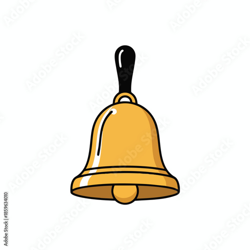 A shiny golden bell with a black handle, outlined in black, on a white background