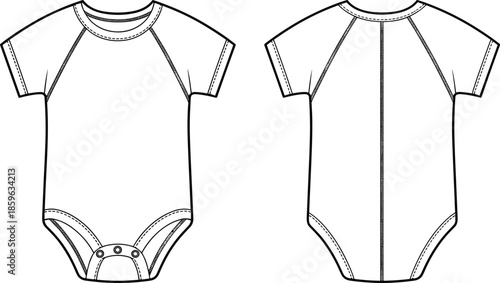 Baby bodysuit technical illustration, front and back view fashion flat sketch infant clothing apparel design template vector artwork production sewing