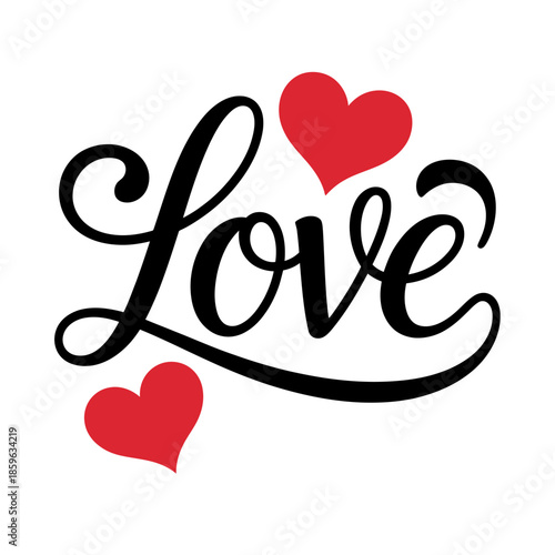 Beautiful black script calligraphy of the word 'love' adorned with two charming red hearts on a pristine white background