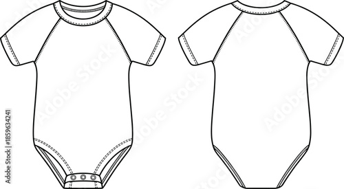 Baby onesie technical sketch, front and back view, short sleeve design, round neckline, snap closure, garment construction, fashion template, vector illustration