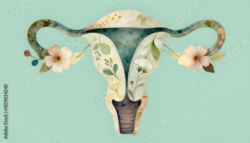 Abstract hand-painted illustration of a female uterus transformed into a spring floral botanical composition in natural green and turquoise tones, symbolizing femininity, fertility, healing, pregnancy
