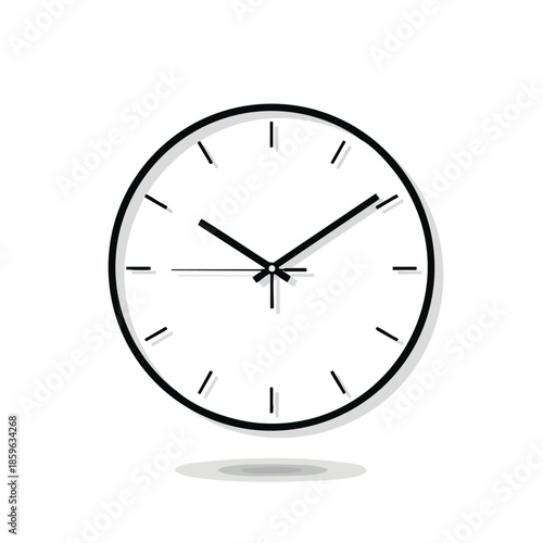 A simple, black and white analog clock with slight shadow, hands at 10 past 2