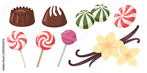 A delightful collection of chocolates, lollipops, hard candies, and vanilla flavors