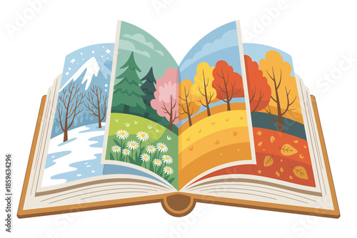 A captivating open book showcasing the beautiful transitions of the four distinct seasons