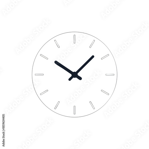 A simple, white-faced clock with black hands pointing close to 10 and 2