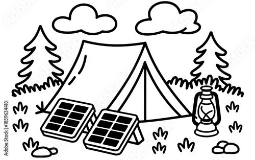 Sustainable camping adventure with solar power and classic lantern in a natural forest setting