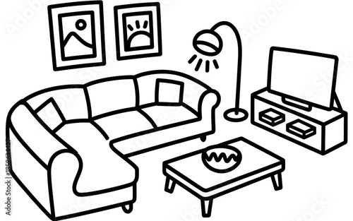 A cozy doodle outline of a modern living room with sectional sofa and entertainment