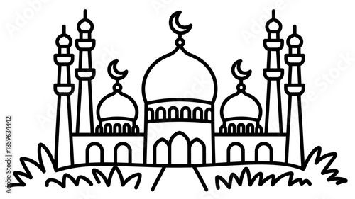 Outline drawing of a beautiful mosque with multiple domes and minarets for worship
