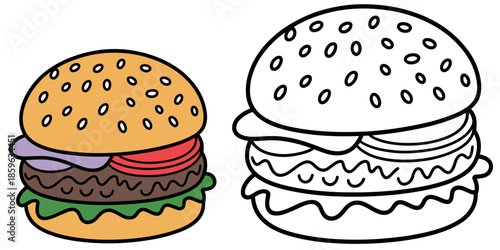 Vibrant cartoon burger with a black and white outline, perfect for a children's coloring page