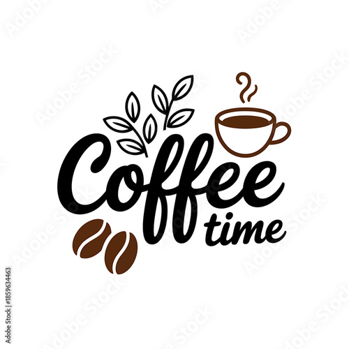 Coffee time illustration with steaming cup, fresh leaves, and rich coffee beans