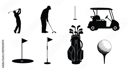 Golf icons set including golfer cart flags ball and golf clubs