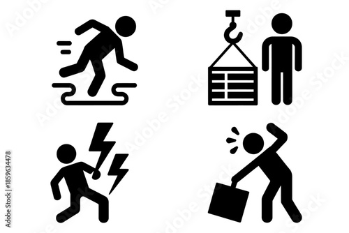 Common workplace hazards and safety risks represented by a collection of informative icons