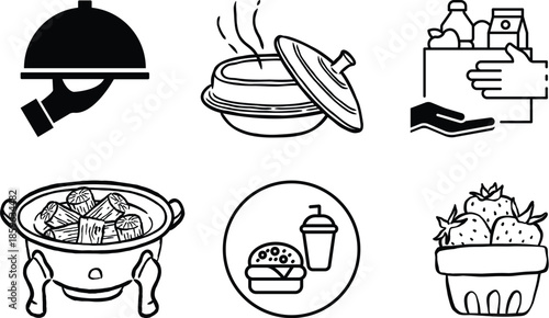 Food Service and Grocery Icons Set – Cooking, Soup, Catering, Fresh Produce