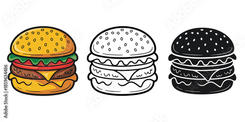 Delicious hamburger vector illustration set showing three distinct styles: colorful, outline, and silhouette