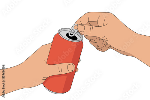 A person's hands are shown in the process of opening a red aluminum can, likely for a refreshing drink