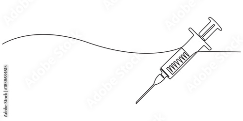 Syringe Continuous Line Art Illustration, Continuous line drawing of a syringe with. Medical syringe isolated on white background. Health and medical concepts. single-line medical disposable syringe
