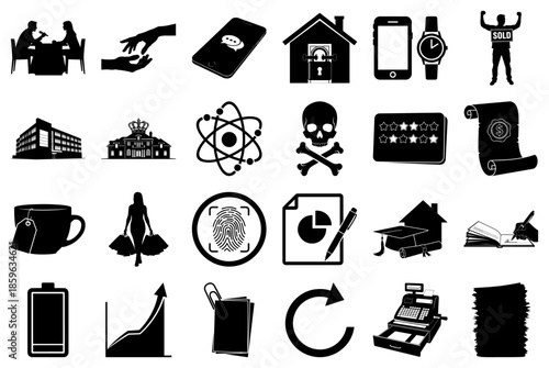 Diverse Black and White Icons for Business and Life Keywords: couple, talking, table, hands
