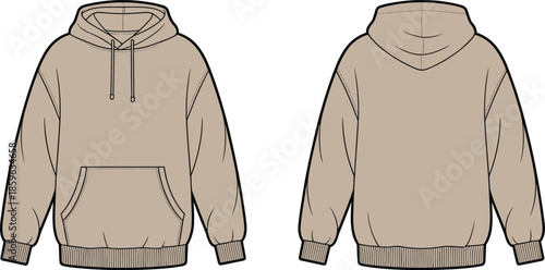 Beige hooded sweatshirt flat sketch showing front and back views, drawstring hood, kangaroo pocket, ribbed cuffs and hem, visible stitching