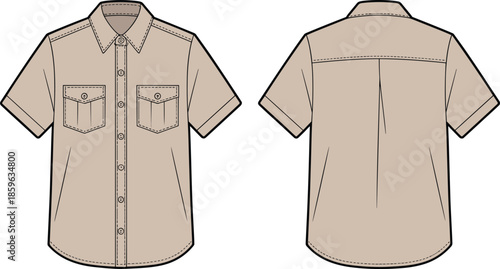 Beige short sleeve shirt sketch, button-up front, chest pockets, collar detail, back yoke, pleat, technical fashion illustration