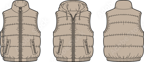 Beige padded vest illustration, technical fashion sketch, hooded and collar styles, zipper pockets, back view, garment design construction reference