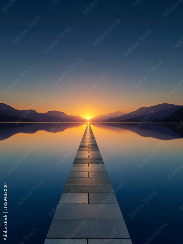 Fototapeta premium A serene stone pathway stretching across a calm lake towards a glowing golden sunset with silhouetted mountains under a clear twilight sky