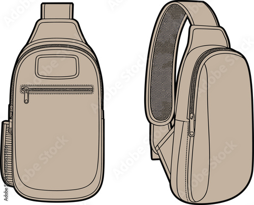 Beige sling backpack, ergonomic shoulder strap, zippered compartments, travel gear, casual bag, outdoor accessory, unisex design, modern style, durable