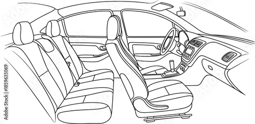 Modern car interior vector illustration, technical line art sketch of automobile cabin with front and rear seats and dashboard