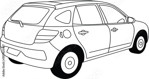 Modern hatchback car vector illustration, technical line art sketch of automobile exterior from rear three-quarter view