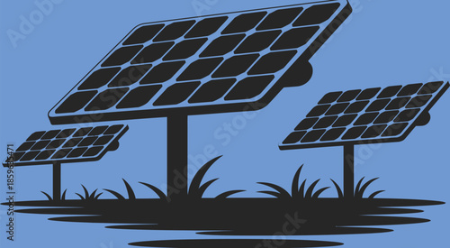 renewable energy solar panels in field silhouette vector illustration sustainable electricity clean energy solar farm eco-friendly power generation design concept.