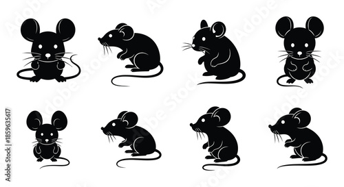 Collection of black mouse silhouettes in various poses on a white background