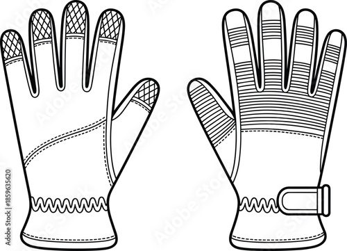 Black and white glove illustration showing palm and back views, textured touchscreen fingertips, stitched seams, adjustable wrist strap, detailed design