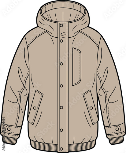 Beige winter jacket, hooded outerwear, button closure, ribbed cuffs, chest pocket, flap pockets, warm coat, fashion apparel, cold weather gear