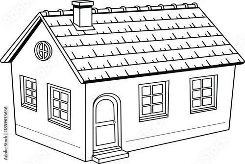 Small cottage house vector illustration, traditional residential home with tiled roof and chimney technical line art sketch