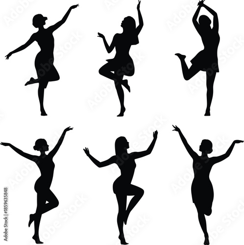 Silhouettes of six graceful female dancers in various dynamic poses against a white background