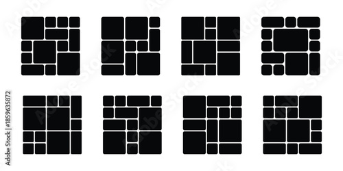 Vector collage for photos. Picture frame. Vector blank in bento  grid abstract pattern vector set pastel color minimal geometric modern frame style. Metaball y2k template for ui, website . eps10