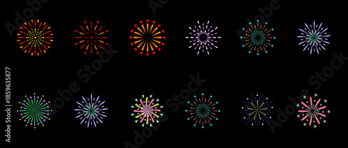 Colorful fireworks burst explosions on black background. festive graphic design .