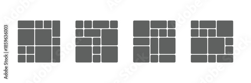 Vector collage for photos. Picture frame. Vector blank in bento grid system. Bento style layout grid templates. Web comics grids, various panel arrangements and different size tiles vector set. EPS 10