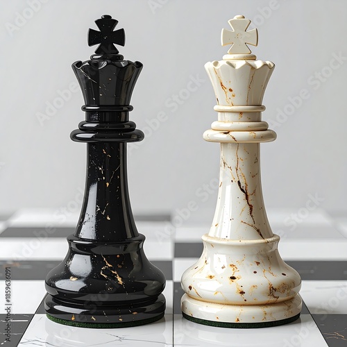 Two chess queens, black and white, on a chessboard
